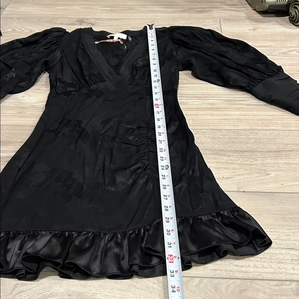 LoveShackFancy Black Jacquard Puff Sleeve Mini Dress XS Satin Ruffle Hem NWT - Picture 11 of 16